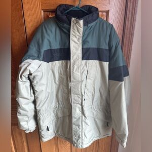 Columbia Ski Jacket Men’s Large Colorblock Quilted Coat Hood Green Tan